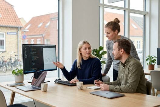 Moderne webbureau i Kalvehave med dansk team foran skærme og digitale dashboards