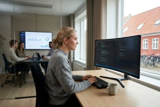 Moderne webbureau i Kappendrup med dansk team, skærme og digitalt arbejde