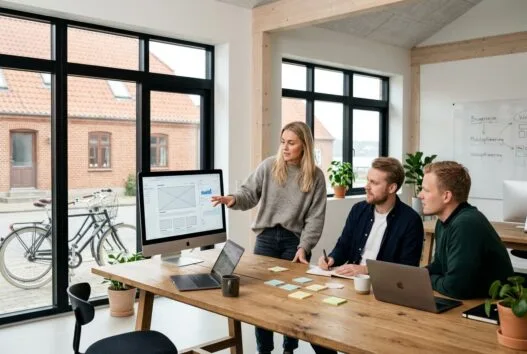 Dansk webbureau i Karby med team ved skærme og dashboards i moderne kontormiljø