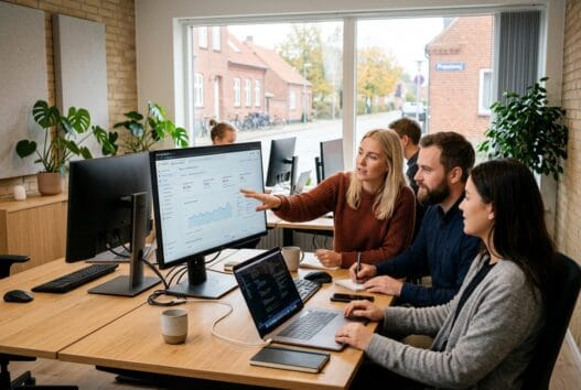 Dansk team arbejder med webdesign og SEO på kontor i Karise
