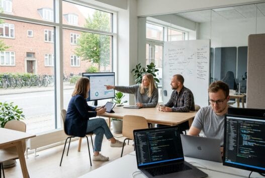 Dansk webbureau i Karleby med team ved computere og dashboards i et lyst kontor