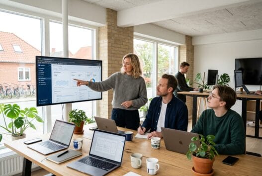 Moderne webbureau i Karrebæksminde med dansk team foran computerskærme og digitale dashboards