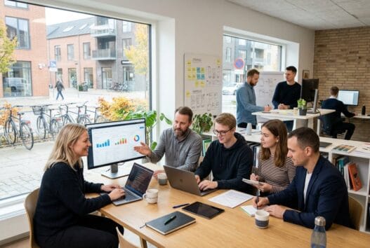 Realistisk teammøde på moderne kontor i Karup med fokus på webdesign og digital markedsføring