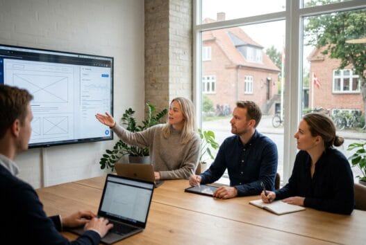 Dansk webbureau i Kelstrup med team ved computer og digitale dashboards i lyst kontor