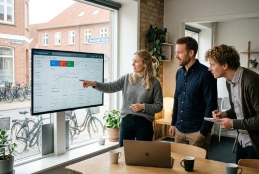Skandinavisk team arbejder med webdesign og data i et moderne kontor i Kertinge