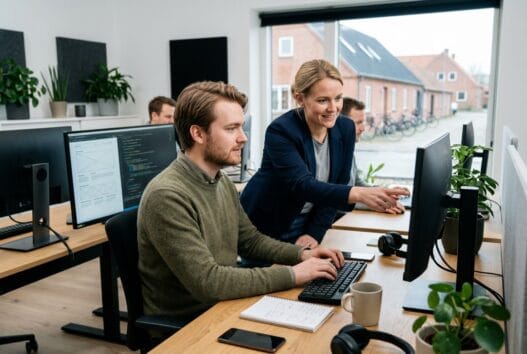 Moderne webbureau i Ketting med dansk team foran computer og dashboards