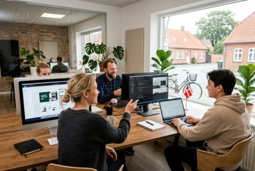 Danskt webbureau i Kettinge med team ved computere og digitale dashboards