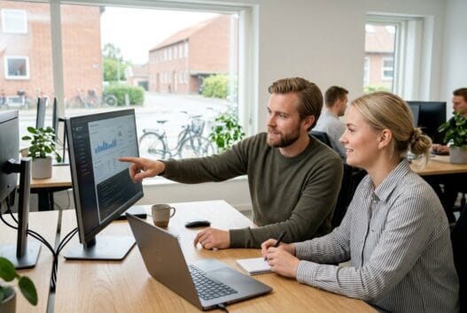 Moderne webbureau i Kibæk med dansk team, der arbejder ved computerskærme i et lyst kontor