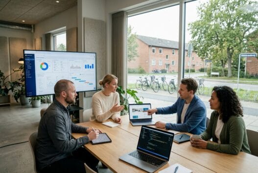 Team arbejder med webdesign og digitale analyser i et moderne kontor i Kildebrønde