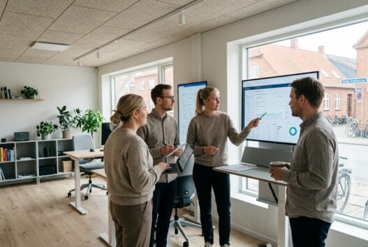 Dansk webbureau i kirke eskilstrup med team ved computer og digitale dashboards