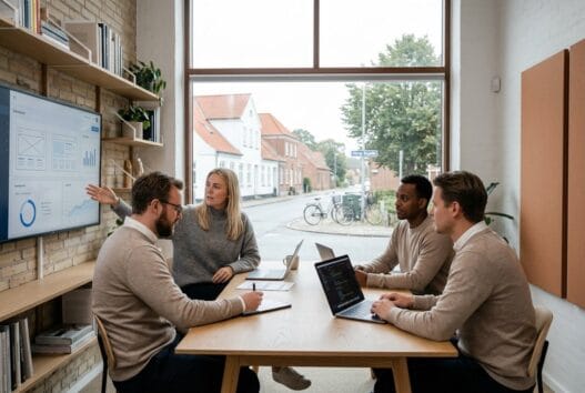 Skandinavisk team arbejder med digital strategi på moderne kontor i Kirke Hørup