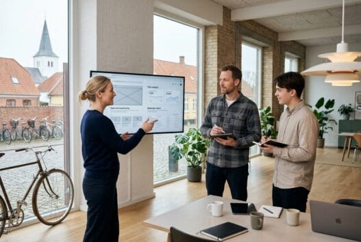 Skandinavisk team arbejder med digital strategi i kontor i kirke hyllinge