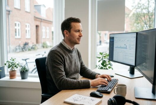 Moderne webbureau i kirke soeby med dansk team foran computer og dashboards