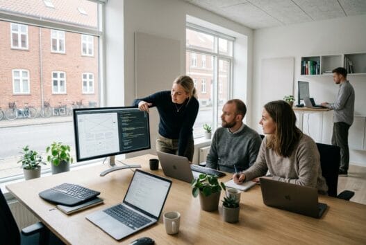 Moderne webbureau i Kirke Stillinge med team ved computer og digitale dashboards