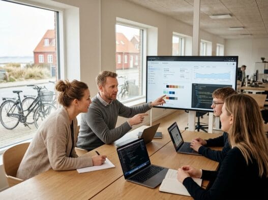 Dansk webbureau i kisserup strand med team ved skærme, data og moderne digitalt arbejde