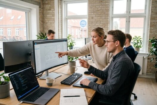 Skandinavisk team arbejder med webdesign og digitale dashboards på kontor i Kjeldbjerg