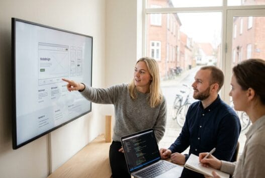 Dansk webbureau i klarskov med team ved computer og dashboards i moderne kontormiljø