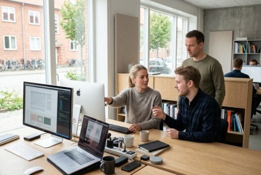 Dansk webbureau i Klarup med team foran skærme og dashboards i moderne kontormiljø