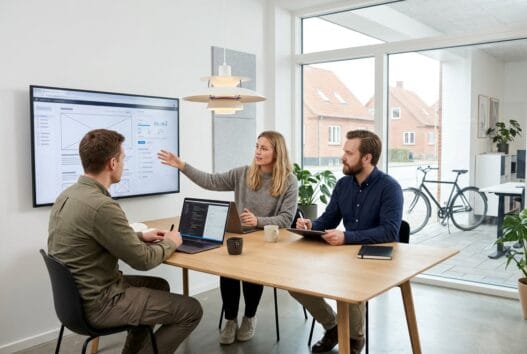Skandinavisk team arbejder med digital strategi og webdesign på kontor i Klejtrup