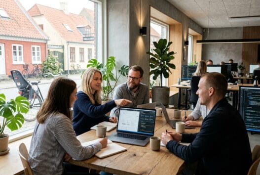Skandinavisk webbureau i klinkby med team, der arbejder med digital strategi foran en computer