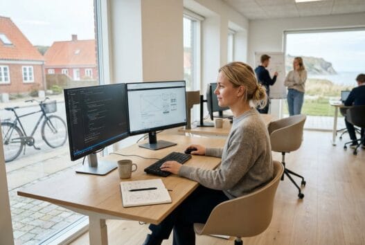 Team arbejder med webdesign og data i et moderne kontor i klint