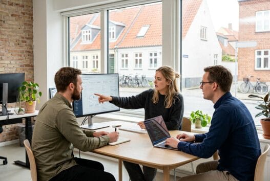 Skandinavisk team arbejder med digital strategi og webdesign i et moderne kontor i klintehuse
