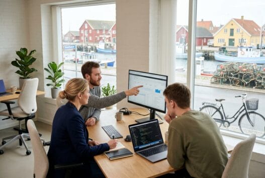 Moderne webbureau med team ved computer i klintholm havn, skandinavisk kontor og naturligt lys