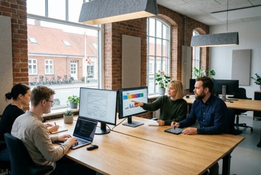 Skandinavisk webbureau i Kliplev med team ved computer og digitale dashboards