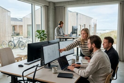 Dansk webbureau i klitmøller med team foran computere og digitale dashboards i lyst kontormiljø