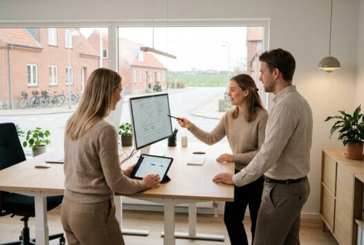 Skandinavisk team arbejder med webdesign og digitale data i et moderne kontor i Klokkerholm