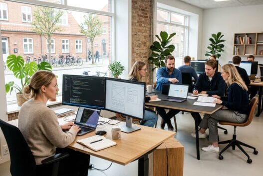 Moderne webbureau i Klovborg med dansk team, computerarbejde og digitale dashboards