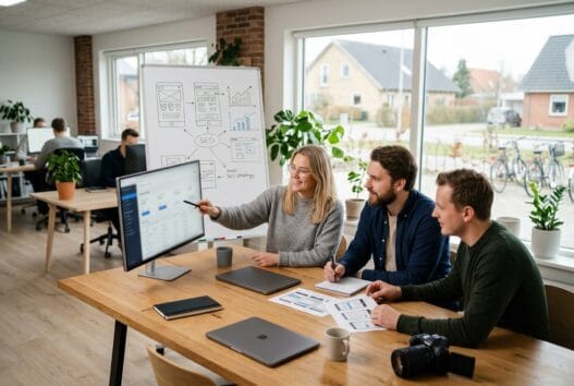 Moderne webbureau i Knabstrup med dansk team foran skærme i et lyst, skandinavisk kontor