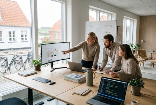 Moderne webbureau i Knebel med team ved computer og digitale dashboards i naturligt lys