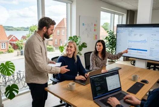 Moderne webbureau i Knudby med dansk team foran computer og dashboards