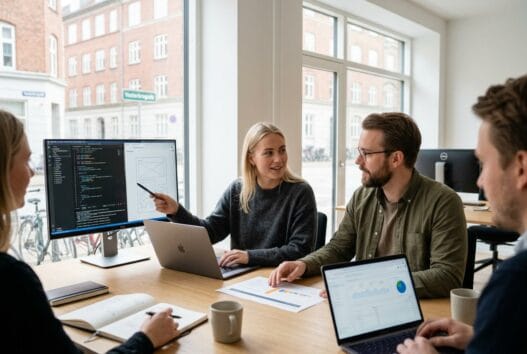 Dansk webteam arbejder med digital strategi og dashboards på kontor i København