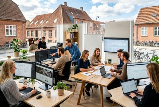 Moderne webbureau i Kølby med danske medarbejdere, der arbejder med digitale løsninger ved computere