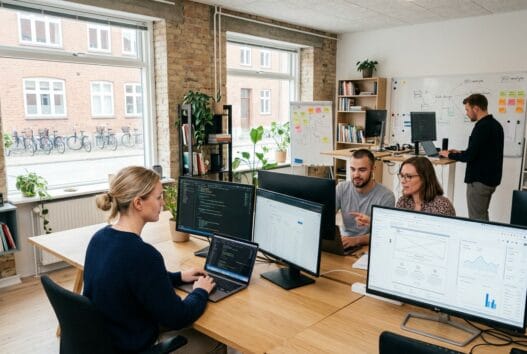 Dansk webbureau i Kølvrå med team ved computere og digitale dashboards i moderne kontor