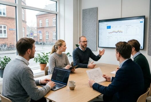 Skandinavisk webbureau i Køng med team ved computere og digitale dashboards i naturligt lys