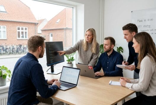 Skandinavisk webbureau i Kogsbølle med team ved computer og digitale dashboards