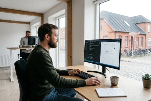 Moderne webbureau i Koldby med dansk team ved computer og digitale dashboards