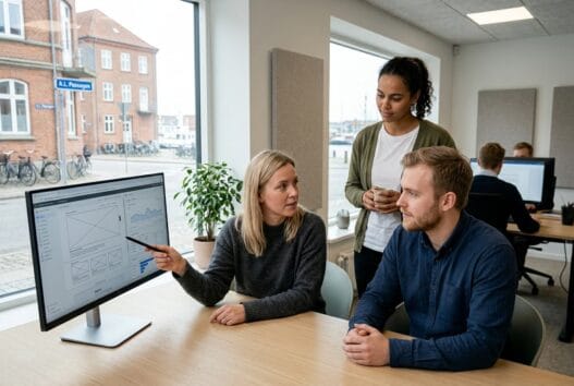 Dansk team arbejder med webdesign og data i et moderne kontor i Kolding