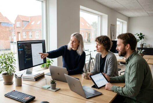 Skandinavisk team arbejder med webdesign og SEO på kontor i kollemorten