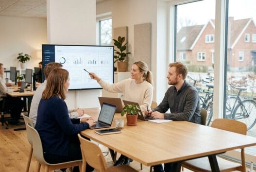 Skandinavisk team arbejder med webdesign og digitale dashboards på et moderne kontor i Kollund
