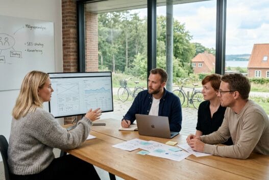Dansk team arbejder med webdesign og SEO i moderne kontor i Kollund Østerskov
