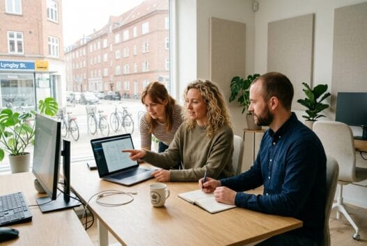 Skandinavisk webbureau i Kongens Lyngby med team ved computer og digitale dashboards