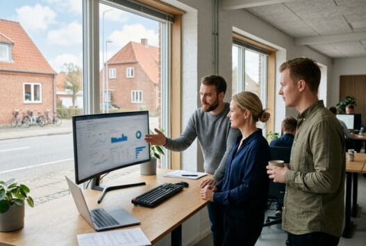 Moderne webbureau i Kongerslev med dansk team ved computer og digitale dashboards