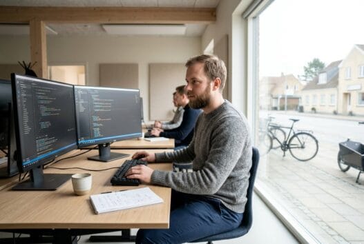 Dansk webbureau i Kongsmark Strand med team foran skærme og digitale dashboards