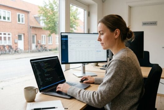 Realistisk hero-billede af dansk webbureau i korinth med team ved computer og digitale dashboards