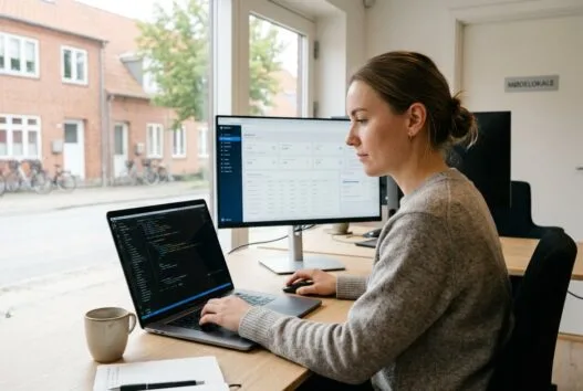Realistisk hero-billede af dansk webbureau i korinth med team ved computer og digitale dashboards