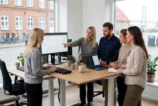 Skandinavisk team arbejder med webdesign og digitale dashboards på kontor i Korsør